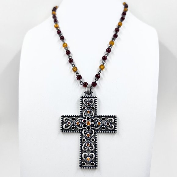 NWT - Nine West - Jeweled Heart Cross Silver Tone Red & Yellow Beaded 14” Choker - Picture 2 of 8